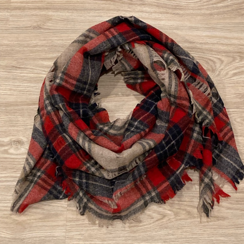 Madewell Plaid Red and Gray Scarf